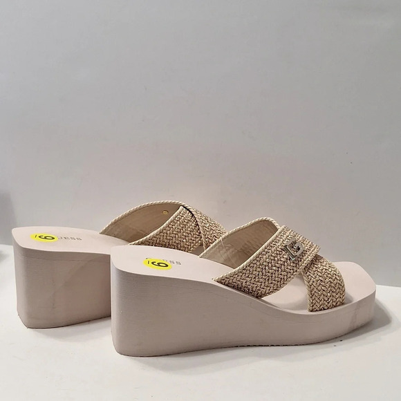 Guess "NEW" Coquette Beige Tan Metallic Crossover Strap Wedge Platform Sandal *9 - Picture 7 of 13